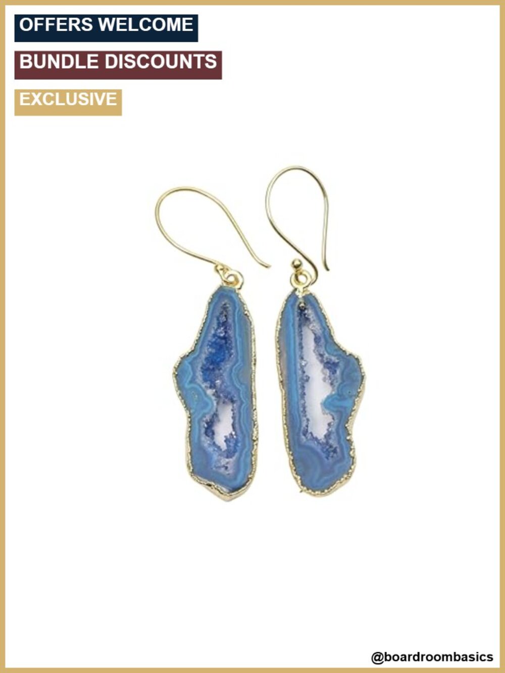 Agate Geode Druzy Gold Silver Dangle Earrings 30-40mm